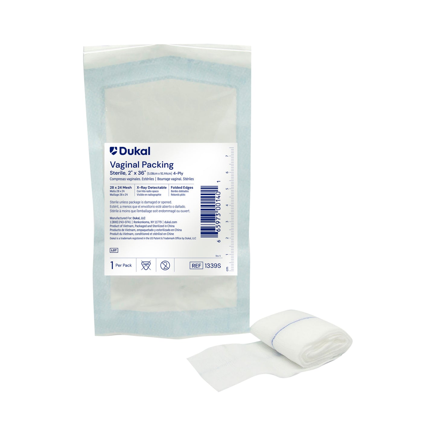 Dukal, Sterile Vaginal Packing, with X-Ray Detectable Filament, 4-Ply, 2" x 36" (1339S)