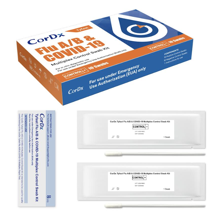 CorDx Tyfast, Flu A/B & COVID-19 Multiplex POC Rapid Test Controls, Positive Level/Negative Level, Box (CUS294-10)