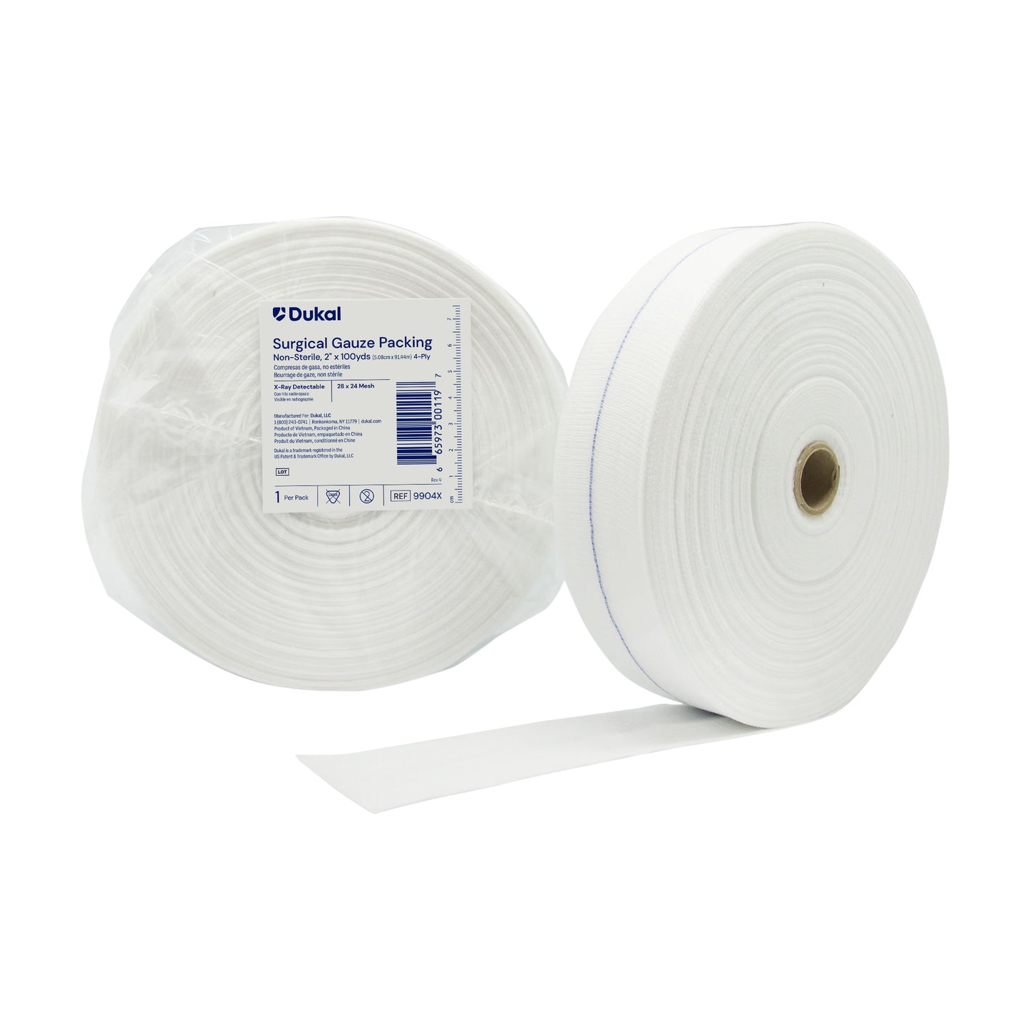 Non-Sterile Surgical Gauze Packing Roll, with X-Ray Detectable Filament, 4-Ply, 2" x 100 yds (9904X)