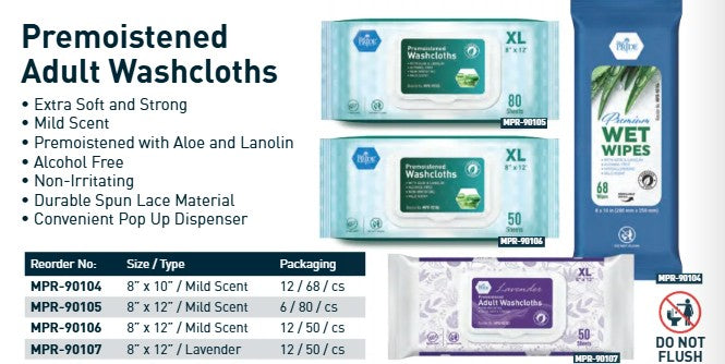 MedPride, Premoistened Adult Washcloths, Mild Scent, 8" x 12", Case (MPR-90106)