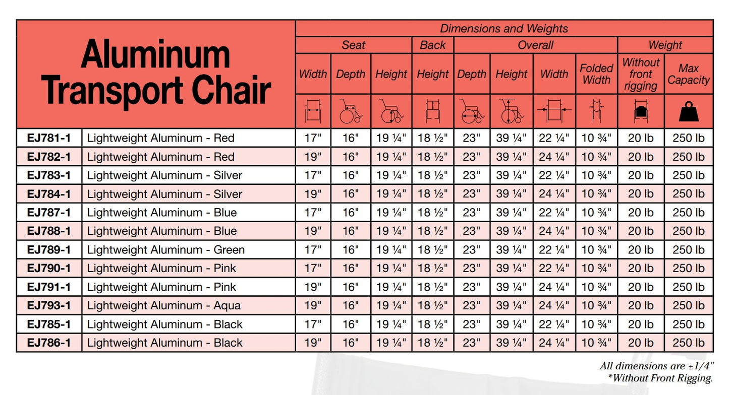 Lightweight Transport Chair, 19" Seat, Red (EJ782-1)