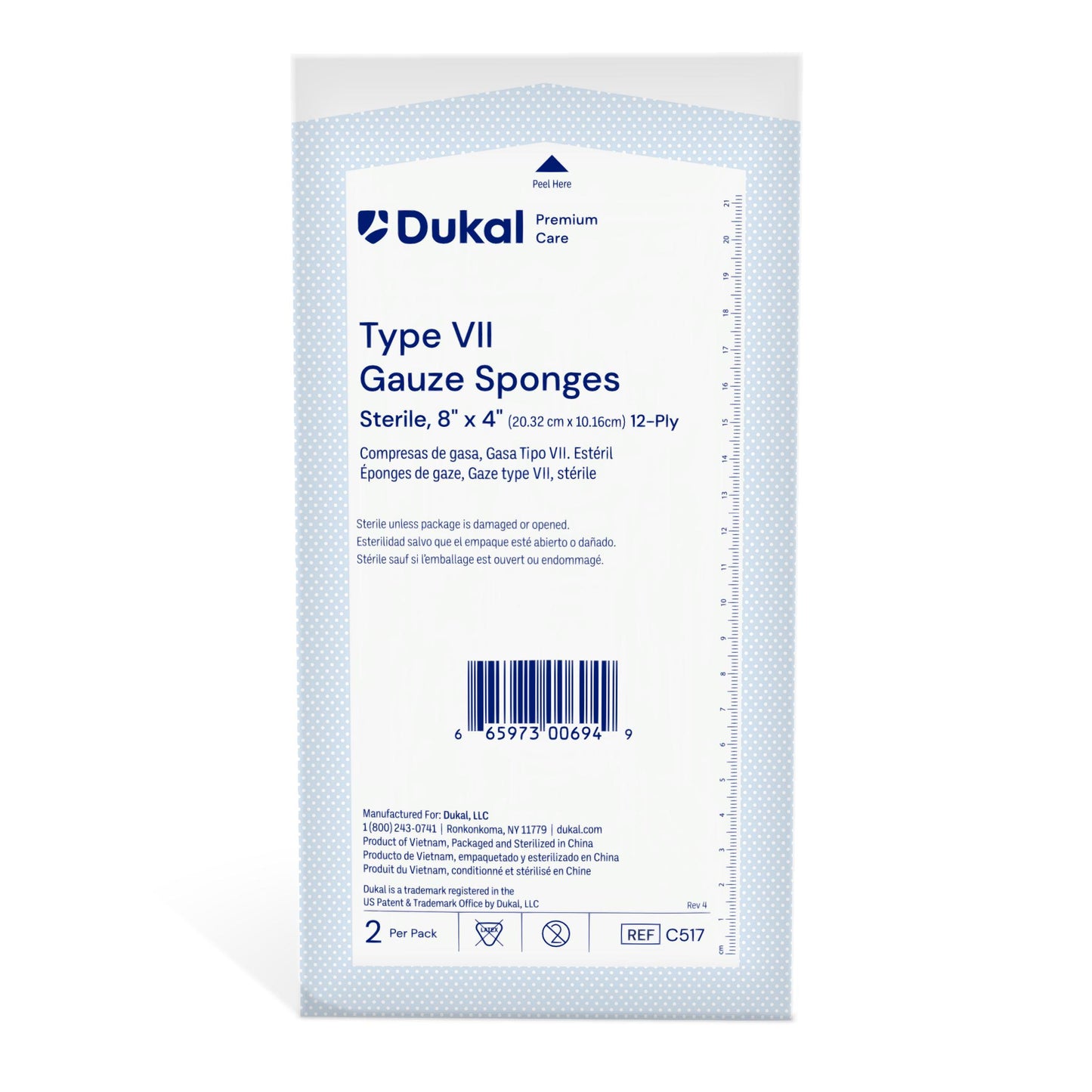 Premium Care Sterile Type VII Gauze Sponges, 12-Ply, 8" x 4" (C517)