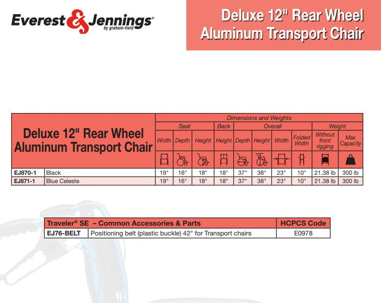 Deluxe Transport Chair, 12" Rear Wheel, Blue (EJ871-1)