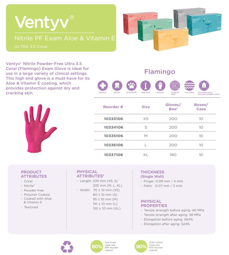 Ventyv, Nitrile Exam Gloves, with Aloe & Vitamin E, Textured, Beaded Cuff, Coral, X-Large, Case (VNT 10337106)