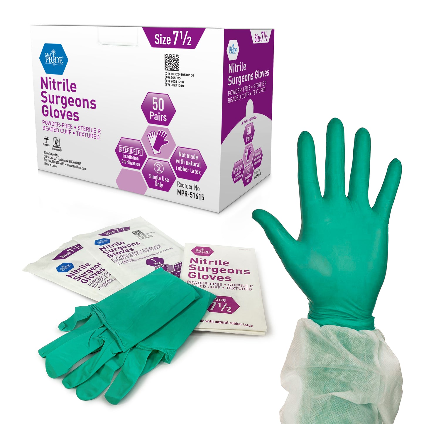 Nitrile Surgeons Gloves - Sterile - Powder Free - Pairs - 7.0 - 4/50pr/cs.