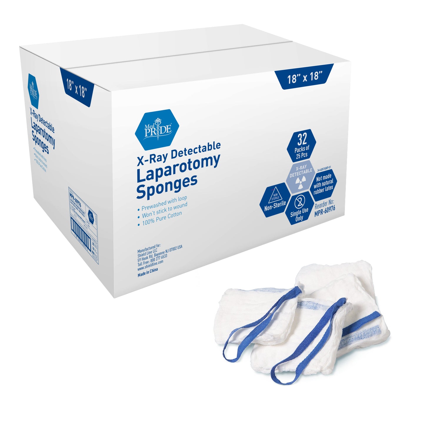 Laparotomy Sponge - Prewashed - Non Sterile - X Ray Det - 18"x18" - 32/5/5/cs.