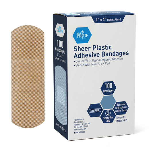 Adhesive Bandage - Sheer Plastic Strips 1" x 3", Sterile - 24/100/cs.