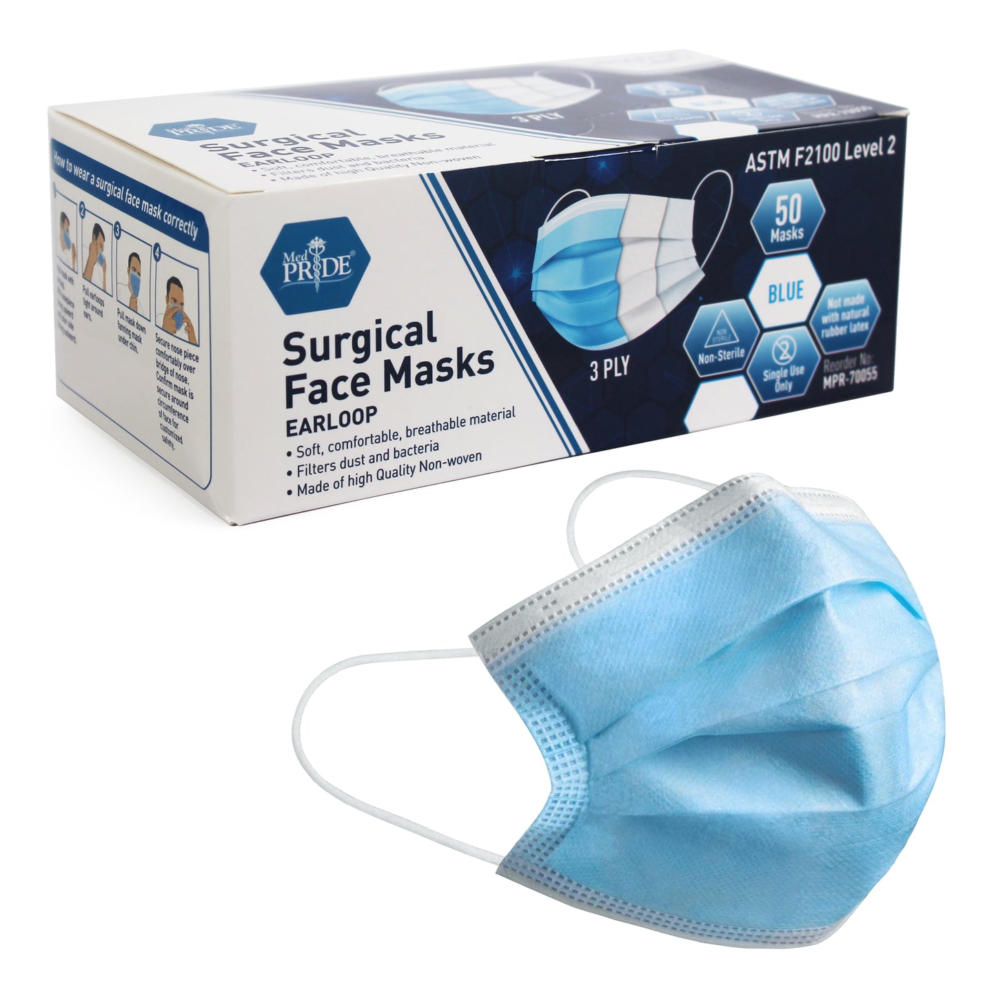 Med Pride Surgical Face Mask - Ear Loop - Level 2 - Blue - 20/50/cs.