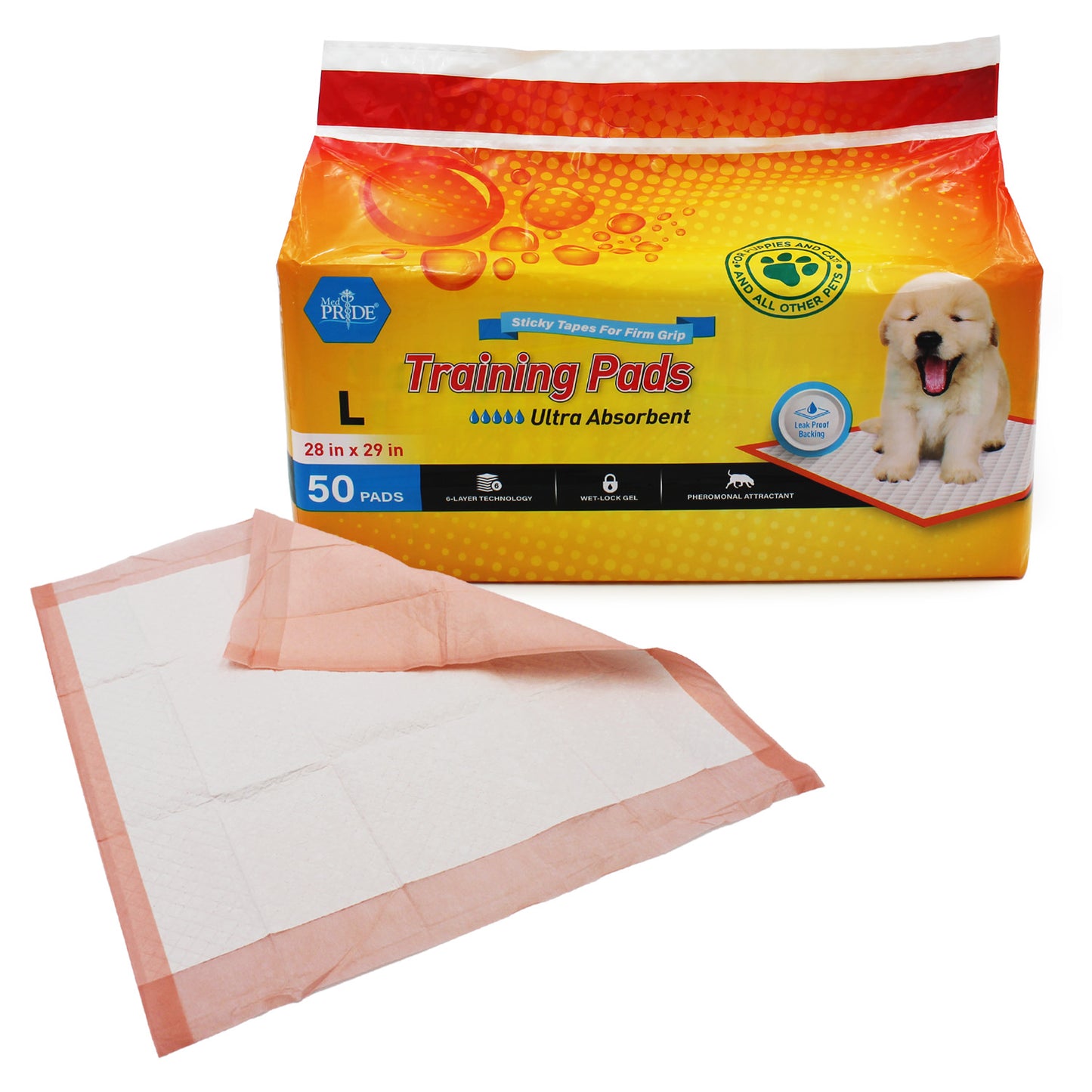 MedPride Pet Pads, 28 x 29 w/ pheromone & sticky strip (30 gram) - 3/50/cs.