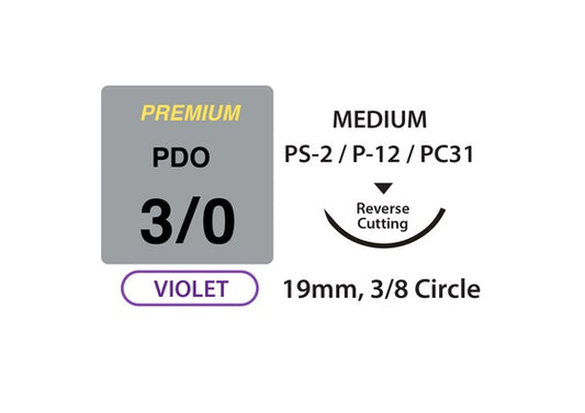 UNIFY Premium+ PDO Sutures, Size 3/0, 18" Thread, 19mm, 3/8 Circle Reverse Cut Needle, Violet (PMD-318R19)