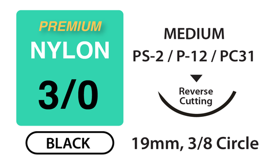 UNIFY, Premium+ Nylon Surgical Sutures, Size 3/0, 18" Thread, 19mm 3/8 Circle Reverse Cut Needle, Black (PMN-318R19)