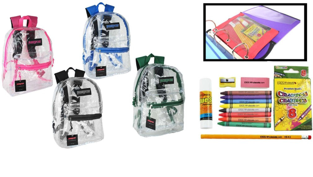17" Backpacks with Elementary School Kits - Clear, 24 Packs (2365794)