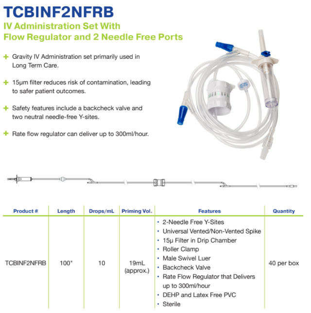 IV Administration Set with Flow Regulator, 2 Needle Free Y-Sites, 100", 10 Drops/mL (TCBINF2NFRB)