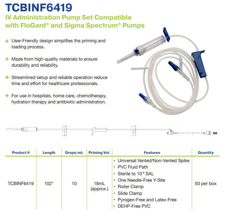 IV Administration Pump Set, Compatible with FloGard and Spectrum, 1 Y-Site, 10 Drops/mL, 102" (TCBINF6419)