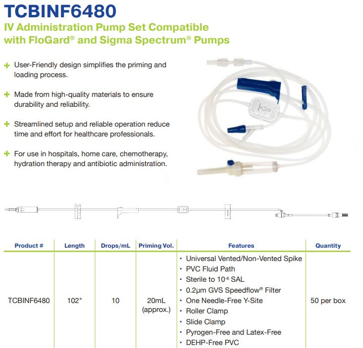 IV Administration Pump Set, Compatible with FloGard and Spectrum, 0.2um GVS Filter, 1 Y-Site, 10 Drops/mL, 102" (TCBINF6480)