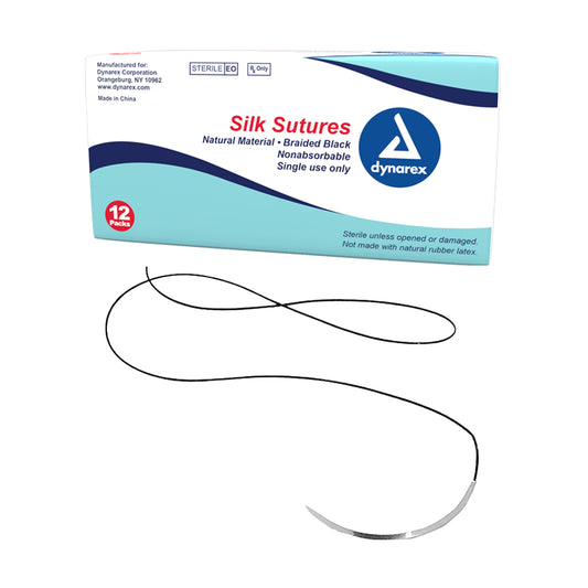 Braided Black Silk Sutures - Non Absorbable, Black, 3-0, C6 Needle, 18", Box (9143)