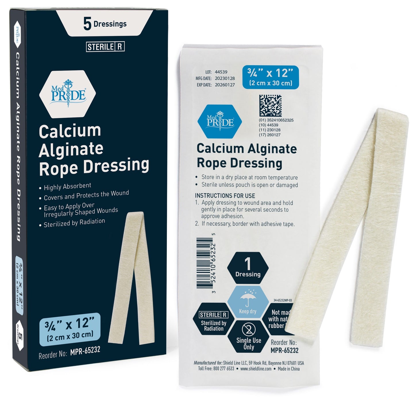 Shield Line Calcium Alginate Rope Dressing 2cm x 12'' - 12/5/cs. medical supply