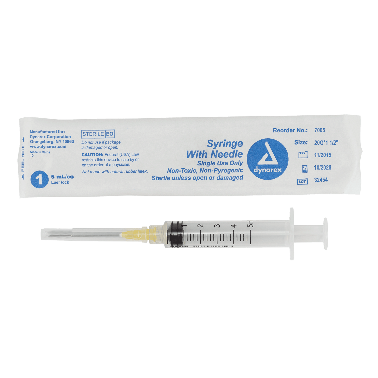 Syringe - Non-Safety with Needle - Luer Lock, 20G, 1.5" Needle, 5 cc, 4/100/cs