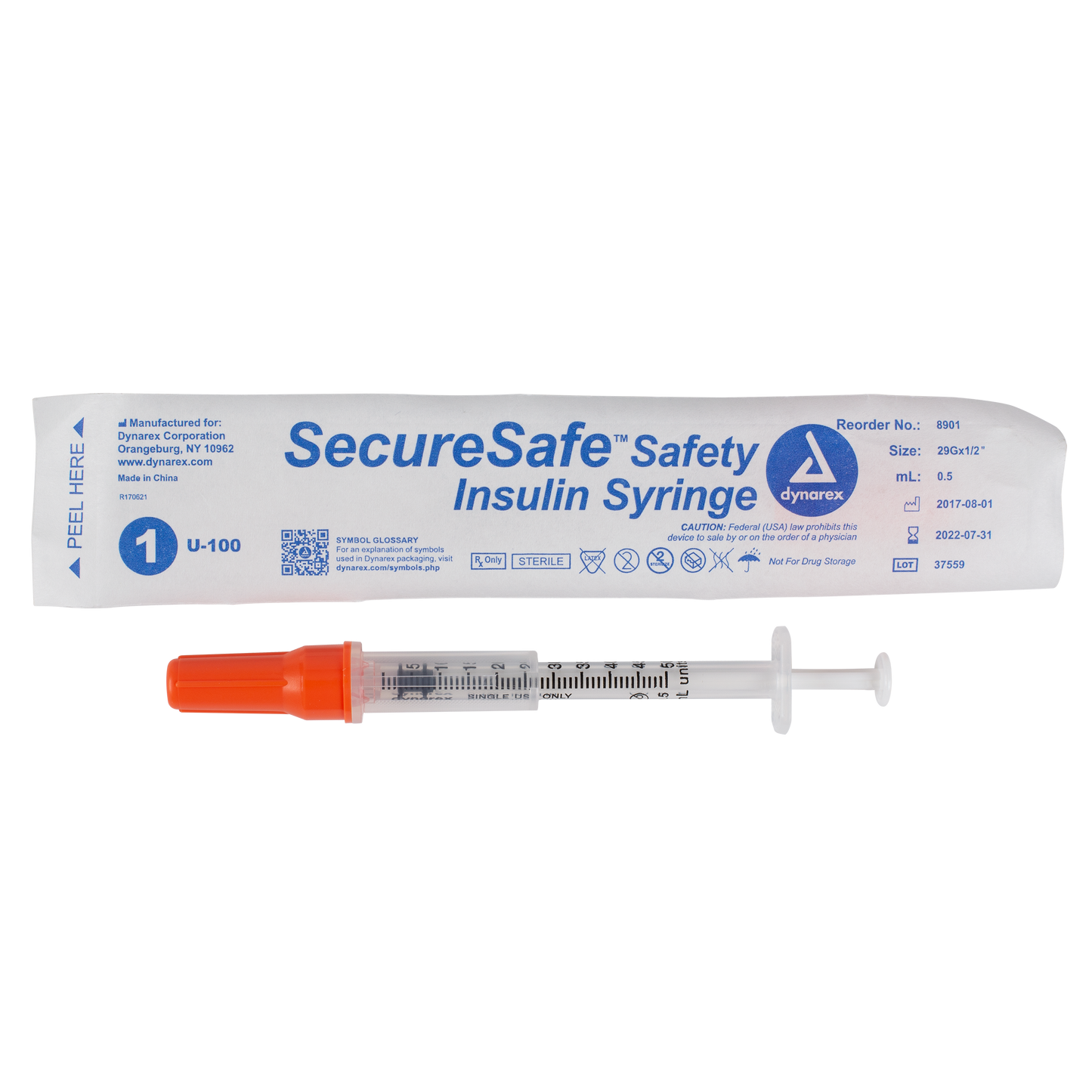 SecureSafe Safety Insulin Syringe - 0.5 ml (New Mechanism), 29G, 1/2" Needle, 5/100/cs