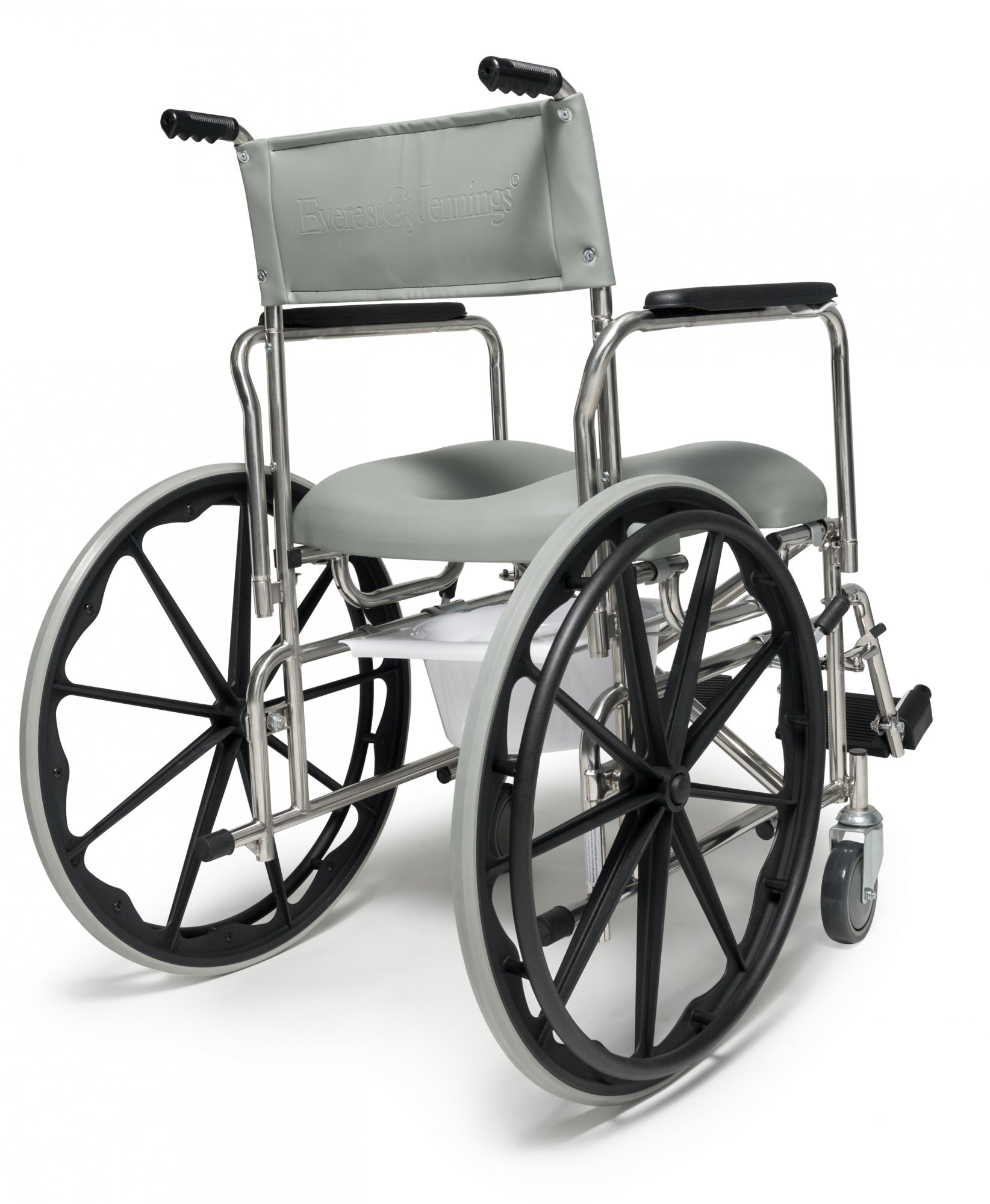 Folding rehab shower commode chair with 24-inch rear wheels, 19-inch high back, and 300 lb weight capacity – E&J model 12023110