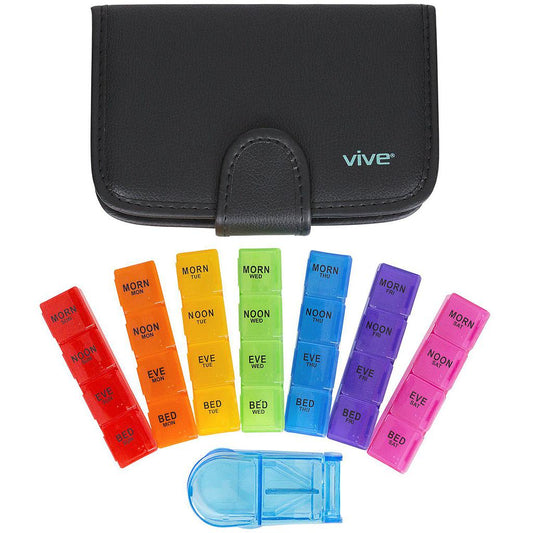 TRAVEL PILL ORGANIZER, 7 DAYS, 4 SECTIONS, PILL SPLITTER, BLACK LEATHER CASE, 7.5" X 4.8"