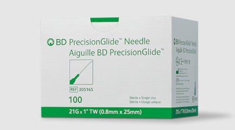 BD PrecisionGlide Needles, 21G x 1", Regular Bevel, Sterile, Box (305165)