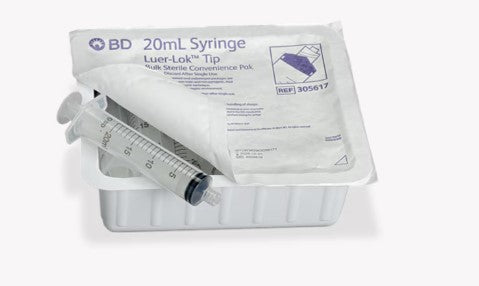 20mL Syringe, Luer-Lok Tip, Sterile Convenience Pack Tray, Case of 120 (BEC 305617)