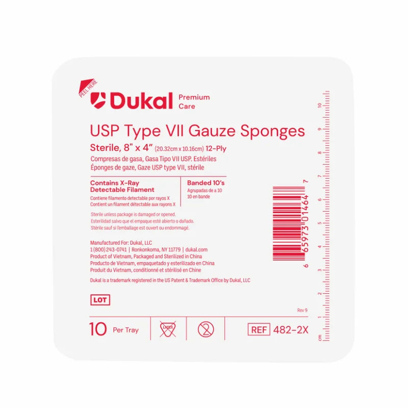 Premium Care Sterile Type VII Gauze Sponges with X-Ray Detectable Filament, 12-Ply, 8" x 4" (482-2X)