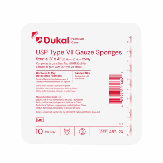 Premium Care Sterile Type VII Gauze Sponges with X-Ray Detectable Filament, 12-Ply, 8" x 4" (482-2X)