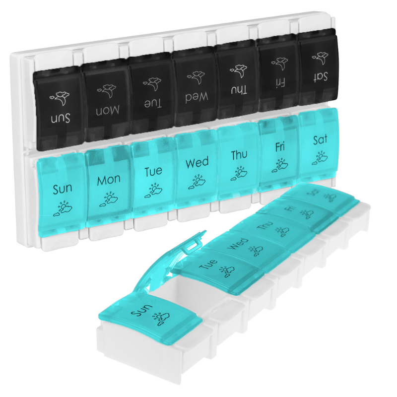 AM/PM PILL ORGANIZER, COLOR-CODED, PUSH-BUTTON LIDS, DETACHABLE