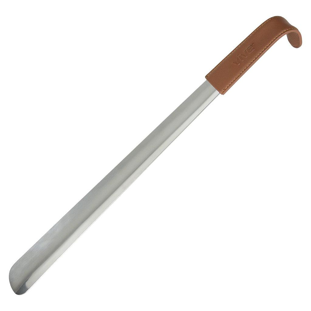 16" METAL SHOE HORN, STAINLESS STEEL W/LEATHER GRIP