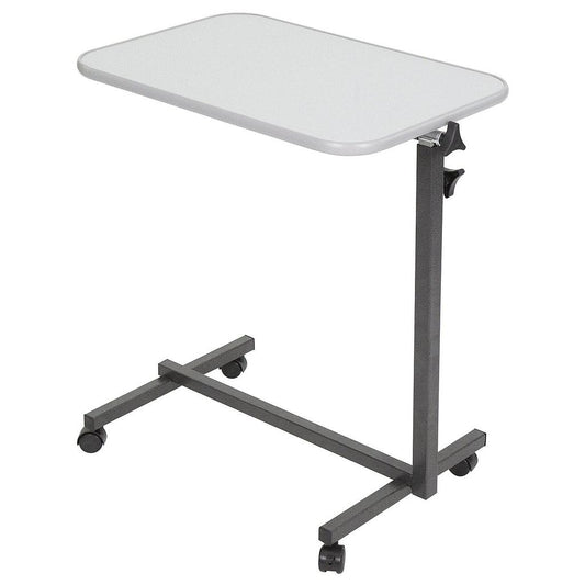 COMPACT OVERBED TABLE, STEEL FRAME, SWIVEL CASTORS,  RIMMED TABLETOP