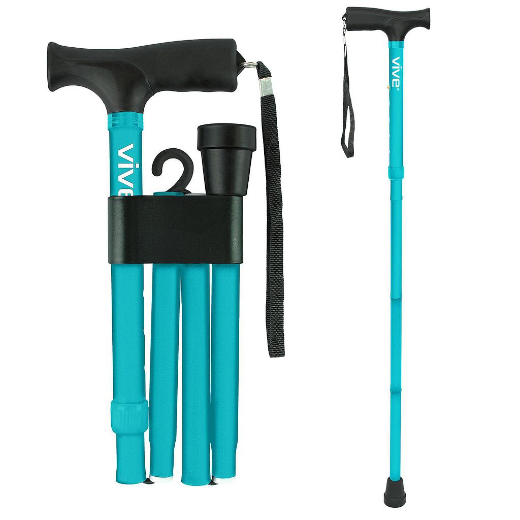 Folding Cane, 33"-37" Height, Ergonomic Grip, Travel Clip and Pouch, Teal