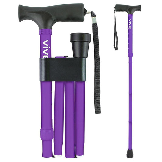 Folding Cane, 33"-37" Height, Ergonomic Grip, Travel Clip and Pouch, Purple