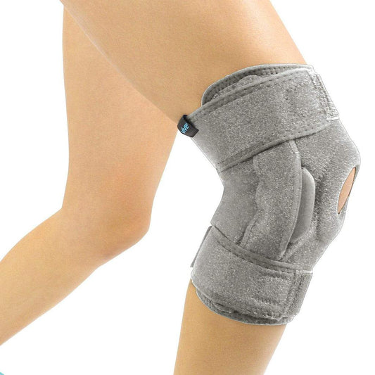 HINGED KNEE BRACE, REMOVABLE SPLINTS, OPEN PATELLA, L/R, GRAY