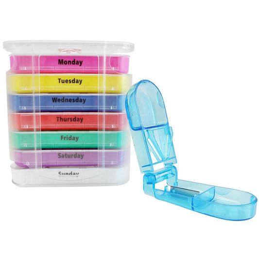 STACKABLE PILL ORGANIZER, 7 DAYS, 4 SECTIONS EACH,  PILLER CUTTER