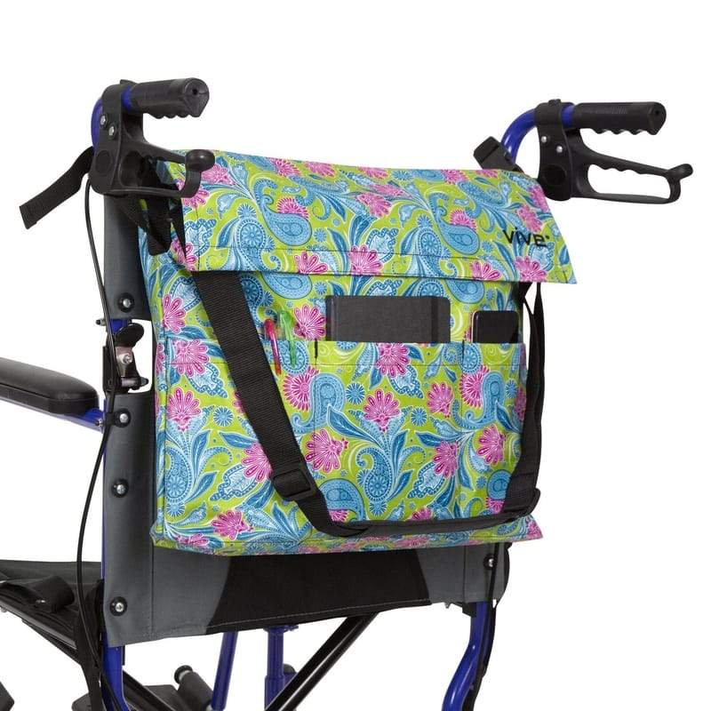 WHEELCHAIR BAG, WATERPROOF NYLON, BUCKLED STRAPS, GREEN PAISLEY