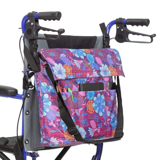 WHEELCHAIR BAG, WATERPROOF NYLON, BUCKLED STRAPS, PURPLE FLORAL