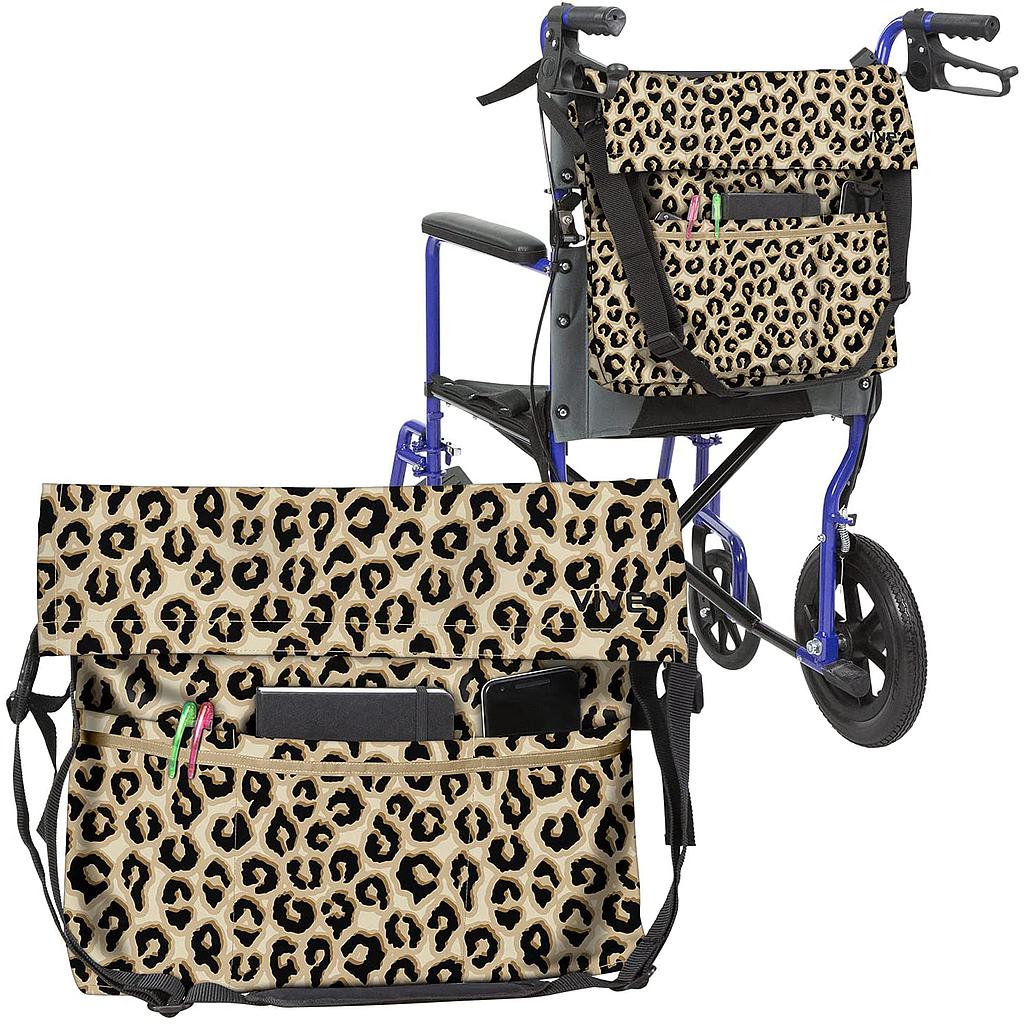 WHEELCHAIR BAG, WATERPROOF NYLON, BUCKLED STRAPS, LEOPARD PRINT