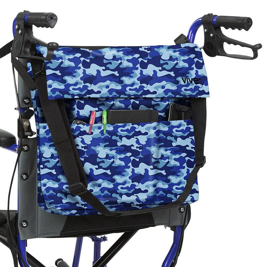 WHEELCHAIR BAG, WATERPROOF NYLON, BUCKLED STRAPS, BLUE CAMO