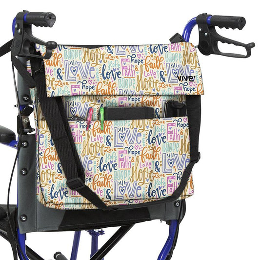 WHEELCHAIR BAG, WATERPROOF NYLON, BUCKLED STRAPS, HOPE/FAITH/LOVE PRINT