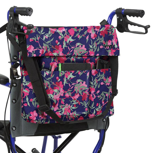 WHEELCHAIR BAG, WATERPROOF NYLON, BUCKLED STRAPS, PINK FLORAL