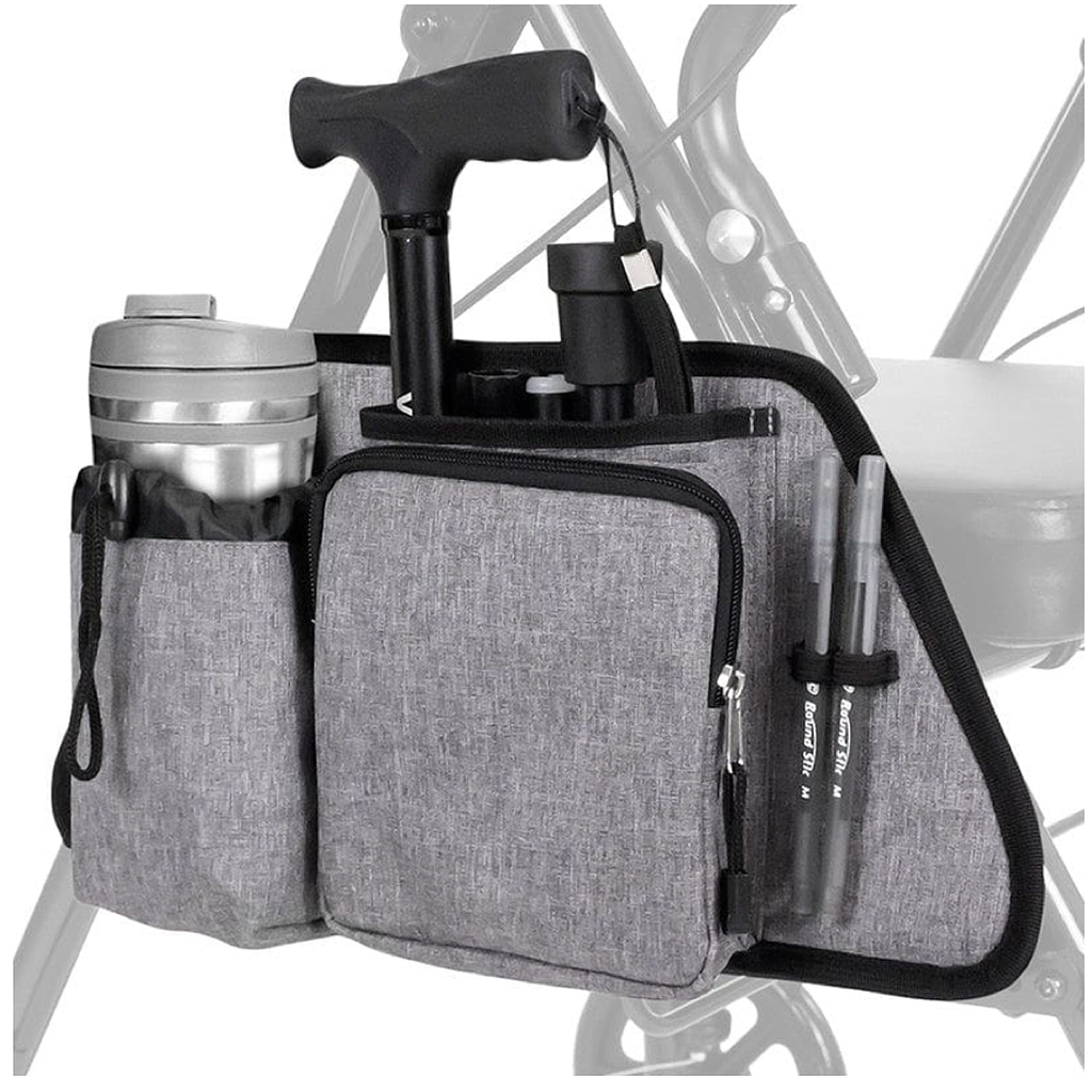 ROLLATOR SIDE BAG, WATER-RESISTANT, CUP, PEN, KEY, GRAY