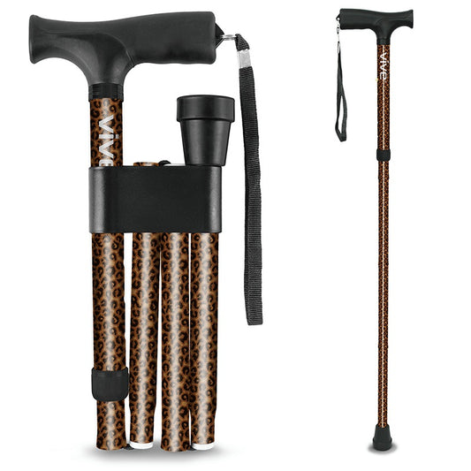 Folding Cane, 33"-37" Height, Ergonomic Grip, Travel Clip and Pouch, Leopard