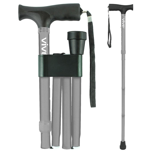 Folding Cane, 33"-37" Height, Ergonomic Grip, Travel Clip and Pouch, Grey Poly (MOB1001GPY)