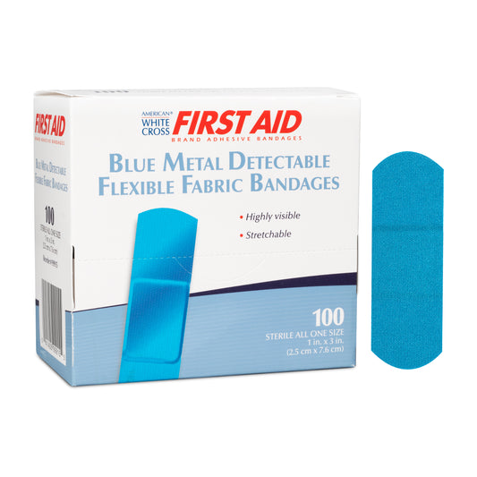 American White Cross, Sterile Metal Detectable Lightweight Fabric Adhesive Bandages 1" x 3", Blue (99915)