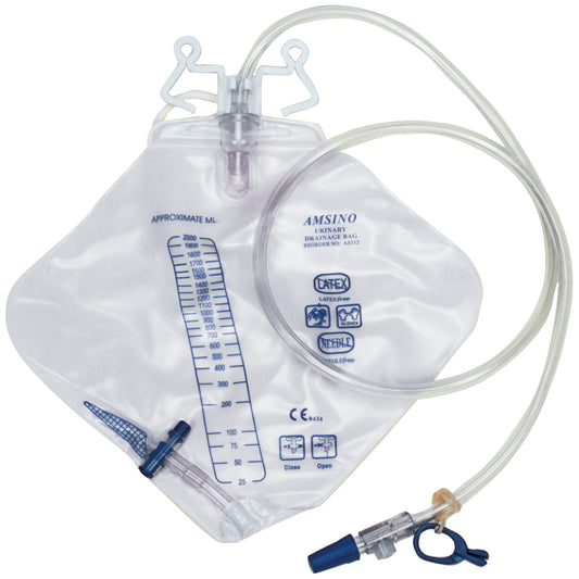 Drainage Bag, 2000mL, Anti-Reflux Device, Pre-Pierced Needle Free Sampling Port (Luer Slip or Blunt Cannula Compatible), Universal Double Hook & Rope Hanger, T-Tap Drain Port, Sterile Fluid Pathway, Case (AS302)