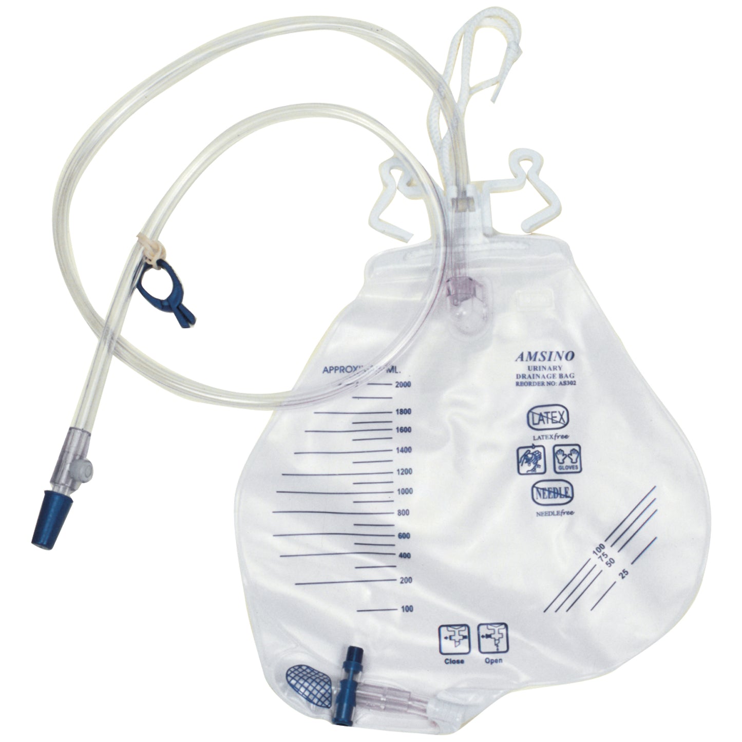 Drainage Bag, 2000mL, Anti-Reflux Chamber, Pre-Pierced Needle Free Sampling Port (Luer Slip or Blunt Cannula Compatible), Universal Double Hook & Rope Hanger, T-Tap Drain Port, Sterile Fluid Pathway, Case (AS322)