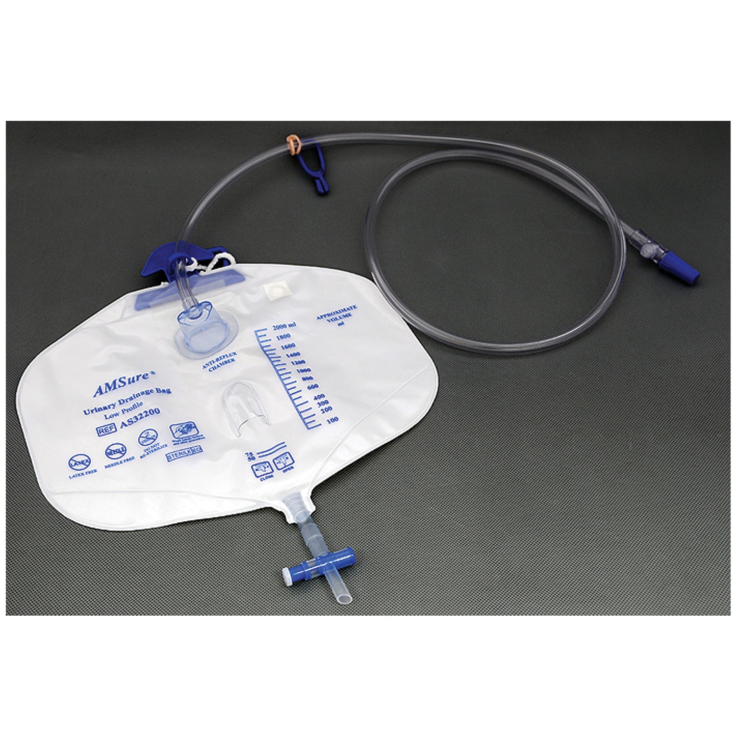 Drainage Bag, 2000mL, Anti-Reflux Device, Pre-Pierced Needle-Free Sampling Port(Luer Slip or Blunt Cannula Compatible), Single Hook & Rope Hanger, T-Tap Drain Port, Sterile Fluid Pathway, Case (AS32200)