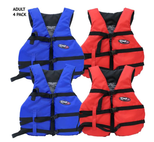 Adult Life Jackets, 4-Pack in Carry Case, 2 Blue / 2 Red (20-002-4-PACK)